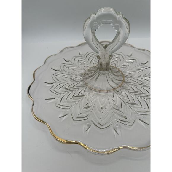 Center Handle Tray Feather by JEANNETTE Glass 12" x 6" Gold Trim Cottage Core - Picture 6 of 7